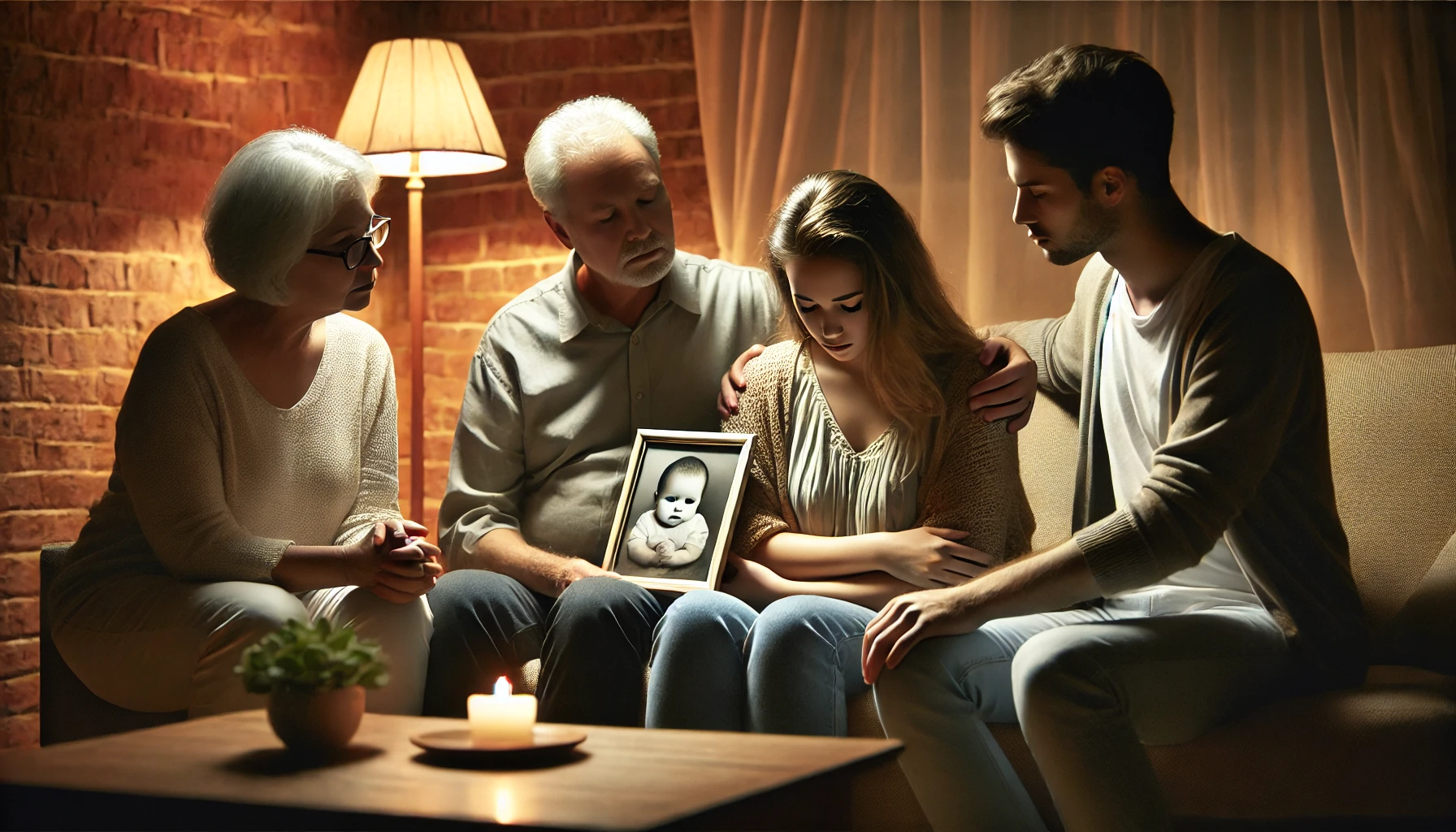 A grieving family sitting together in a warmly lit living room, comforting a sorrowful mother. The mother sits in the center, holding a framed photo o