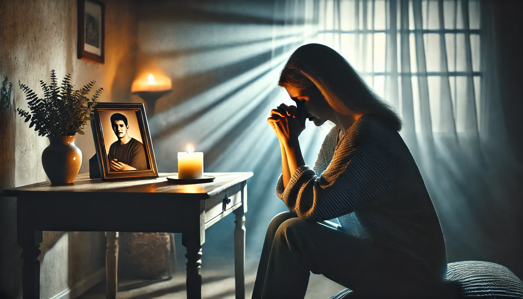 A grieving mother kneeling in a peaceful, softly lit room, hands clasped in prayer. A gentle beam of light shines through a nearby window, illuminatin