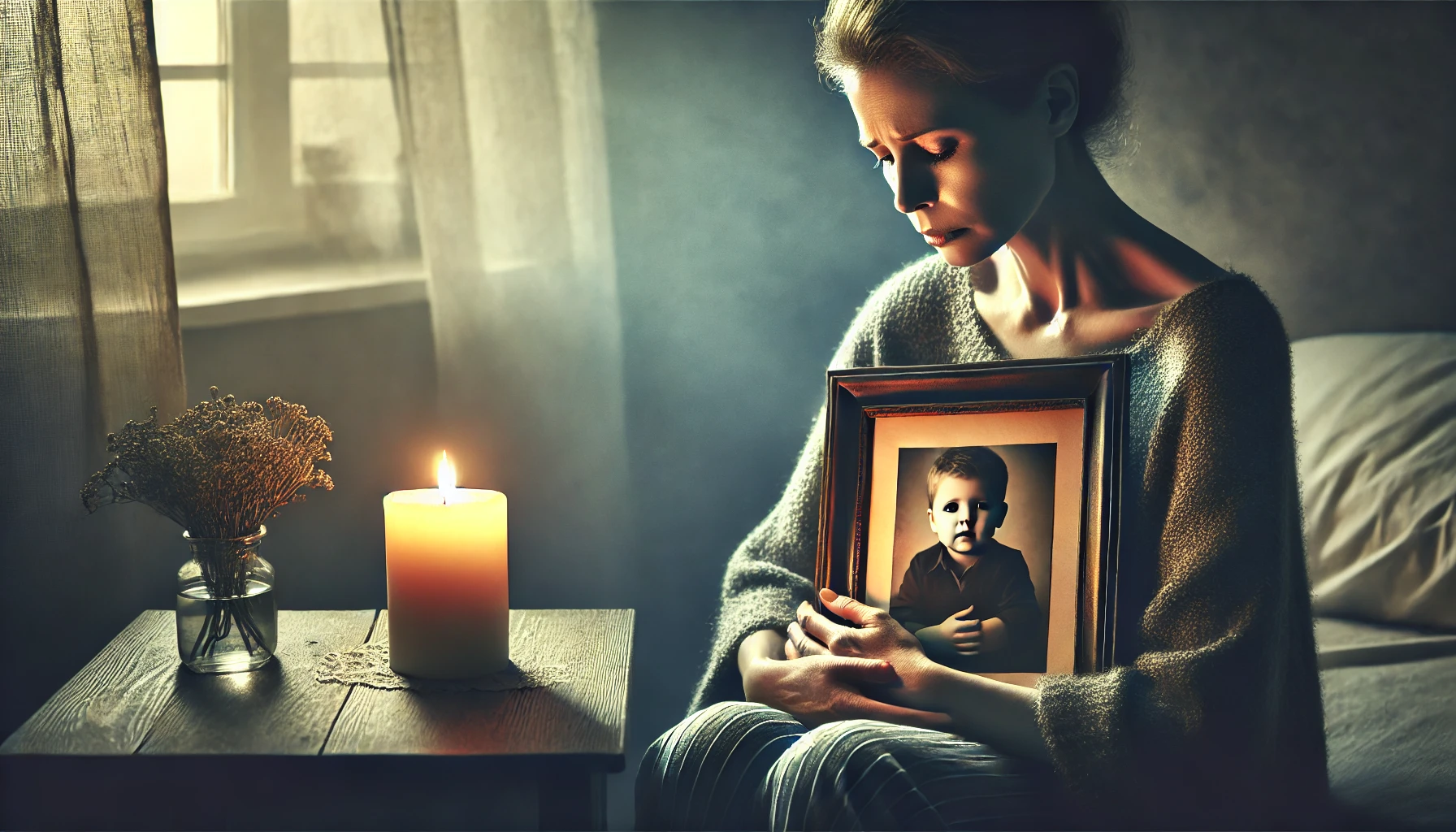 A grieving mother sitting alone in a softly lit room, holding a framed photo of her young son. Her eyes are filled with sorrow, and her hands tremble 