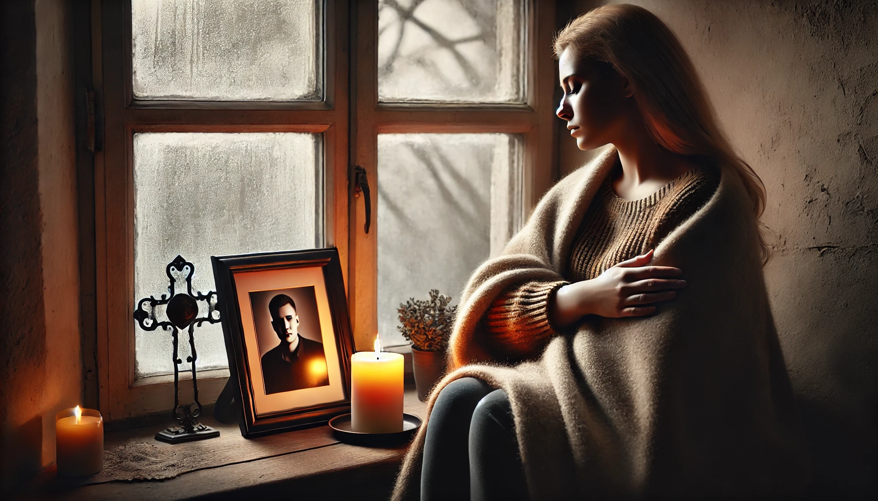 A grieving mother sitting by a window, wrapped in a soft blanket, gazing outside with a sorrowful expression. A framed photo of her son rests on a tab