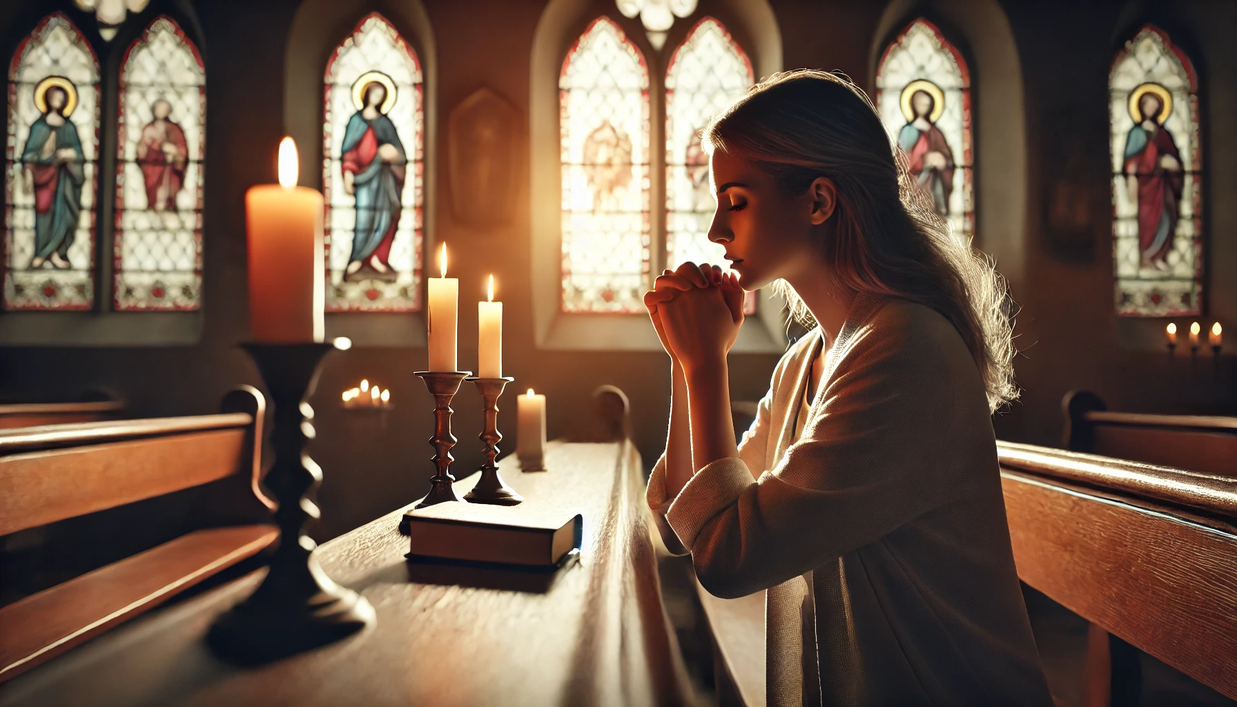 A grieving mother sitting in a quiet chapel, her hands folded in prayer as she gazes at a candle-lit altar. Soft light filters through stained glass w