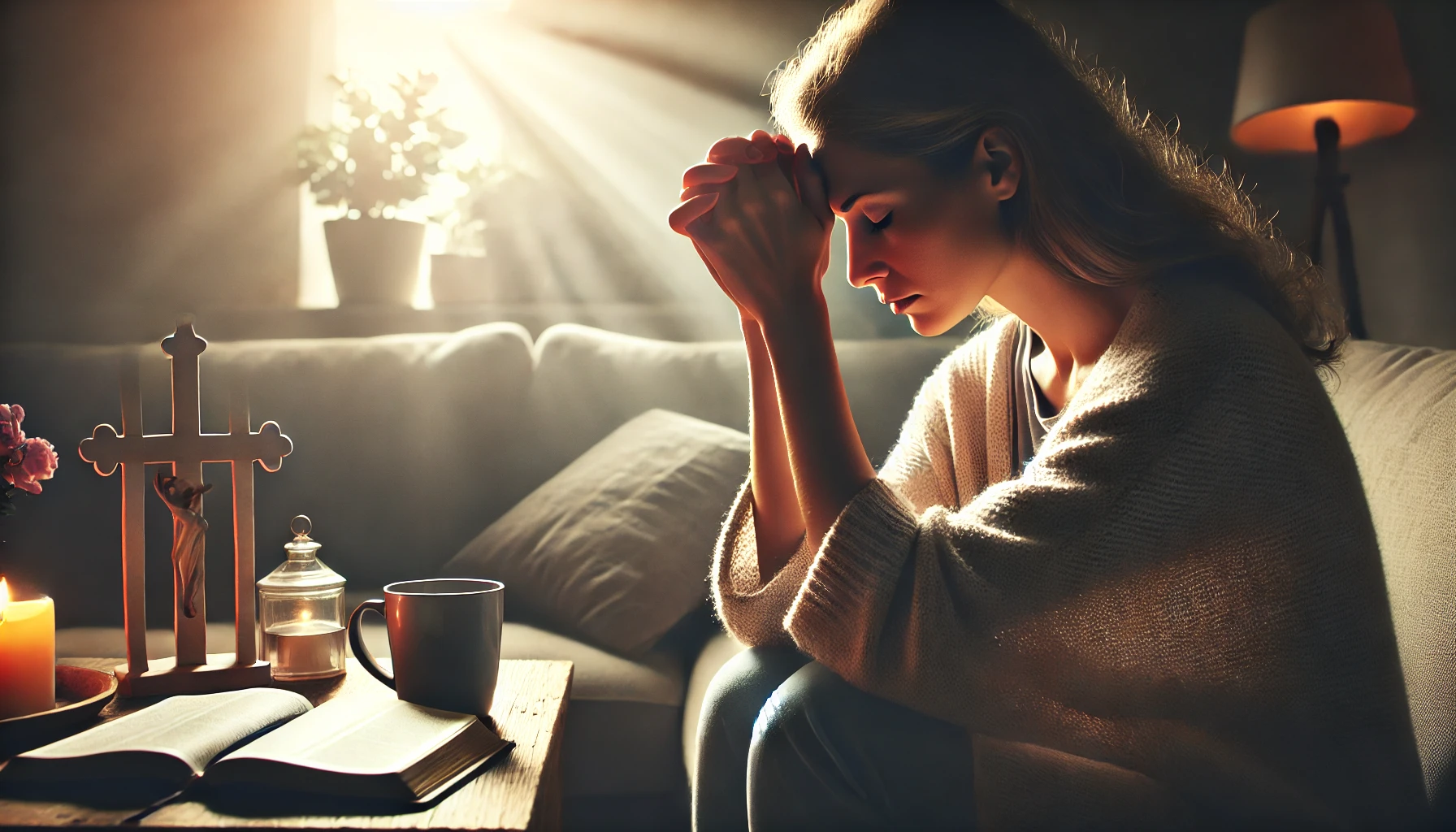 A grieving mother sitting on a couch, her hands gently holding her forehead as she gazes downward in deep sorrow. A soft light from a nearby window il