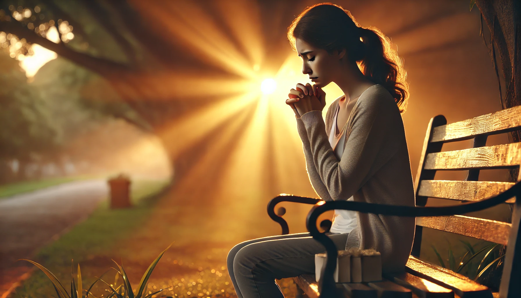 A grieving mother sitting on a park bench at sunrise, her hands clasped together in prayer. Her eyes are filled with sorrow, but a soft golden light f