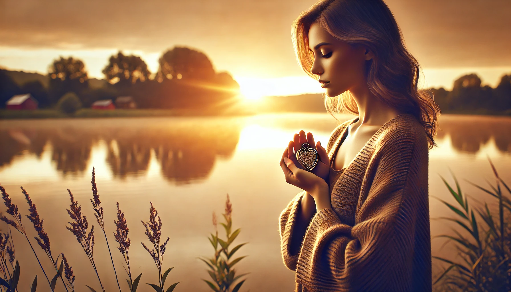 A grieving mother standing by a peaceful lake at sunrise, gazing at the horizon with a contemplative expression. Her posture suggests deep reflection,