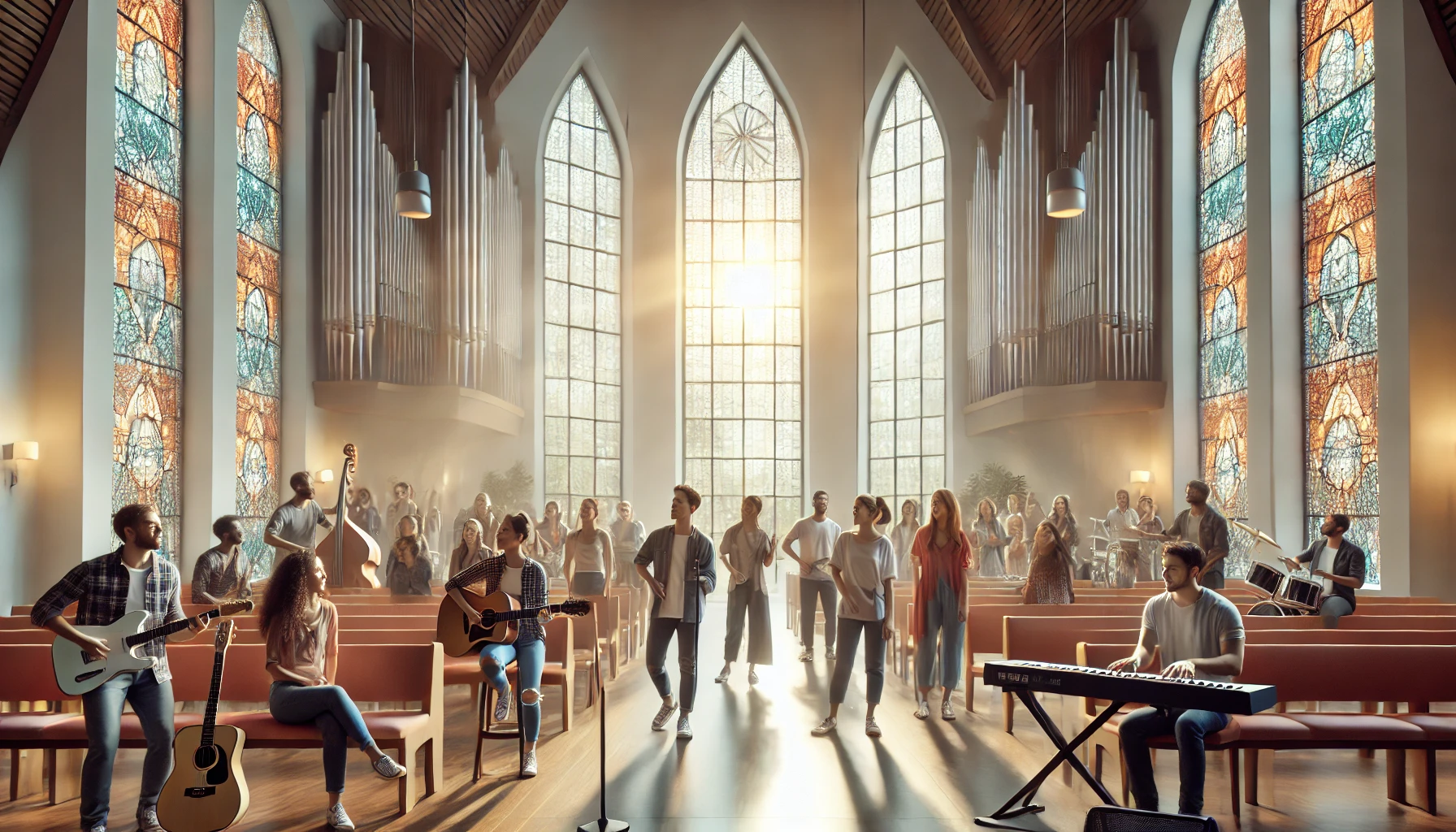 A group of diverse people in a modern church.
