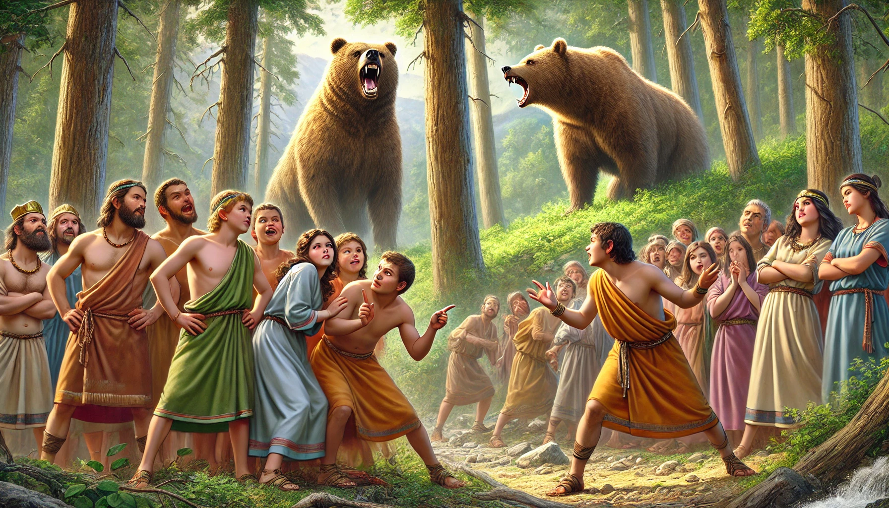 A group of mocking youths stands near a forest's edge.