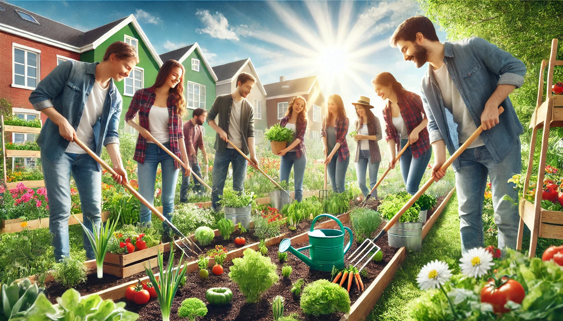 A group of people in a community garden planting and tending to vegetables.