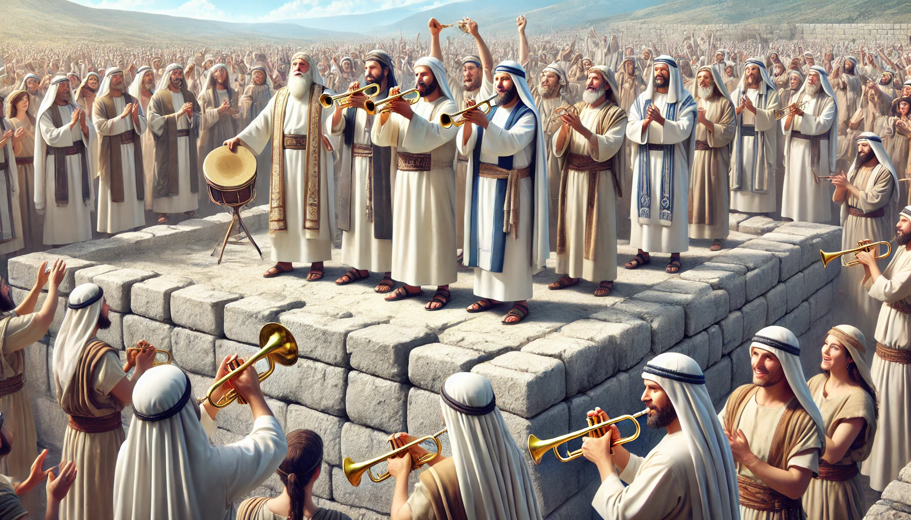 A group of priests and Levites in biblical attire celebrating at the foundation of Yahwehโs temple.