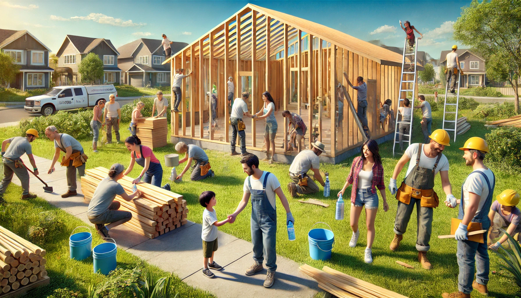 A group of volunteers working together to build a house in a sunny suburban area.