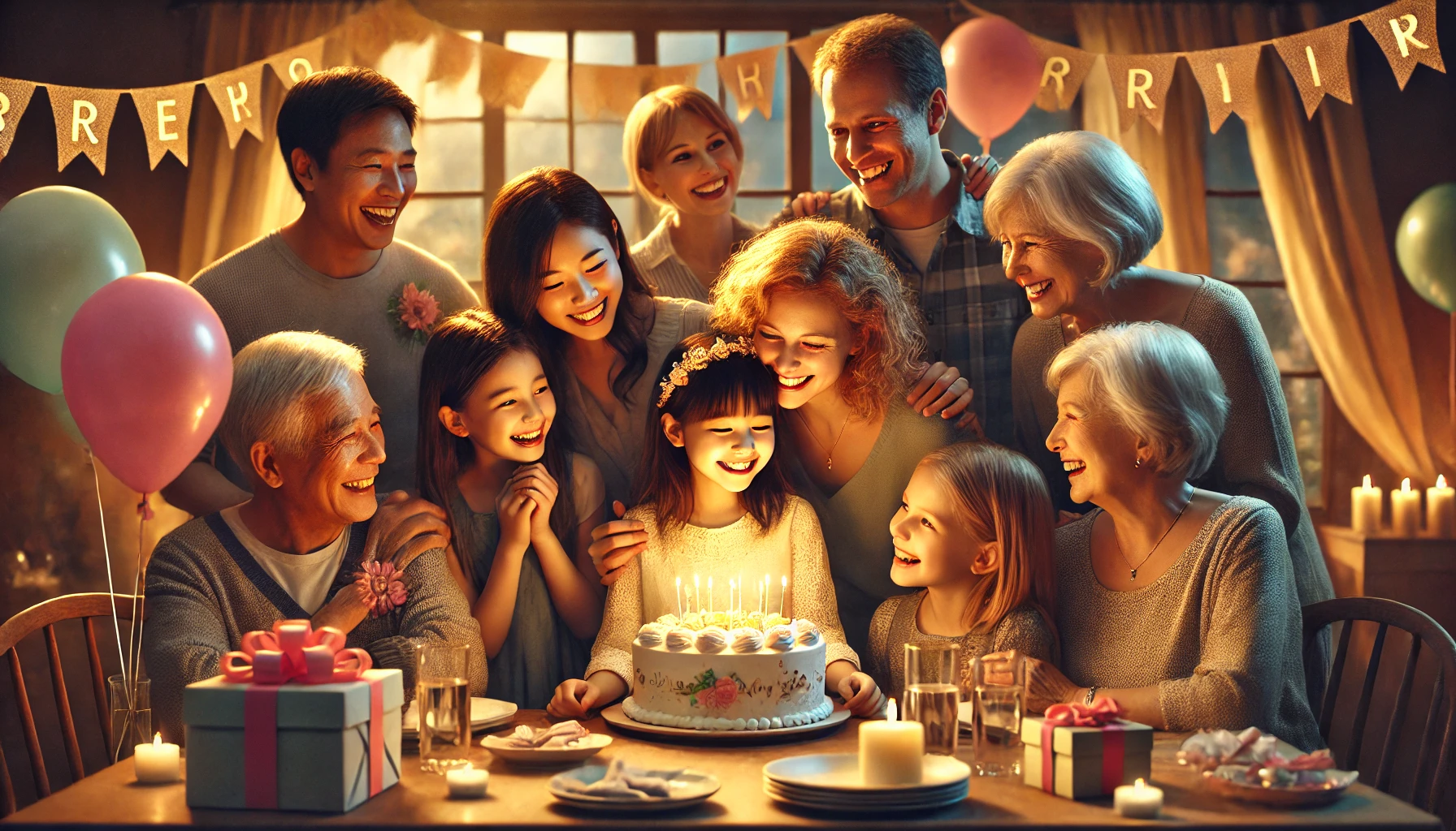 A heartwarming photorealistic scene of a family celebrating a young girl’s birthday. Adults and family members gather around a beautifully decorated b