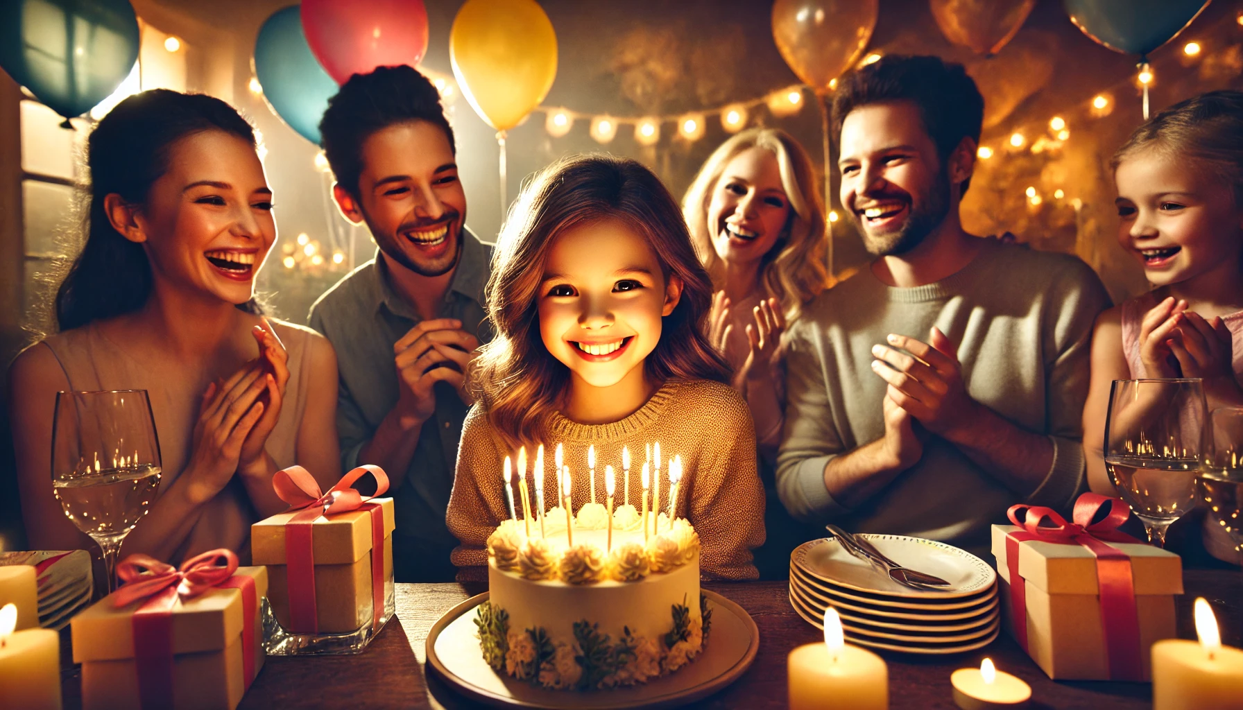 A heartwarming photorealistic scene of a young girl celebrating her birthday with family. The setting is a beautifully decorated party with balloons, 