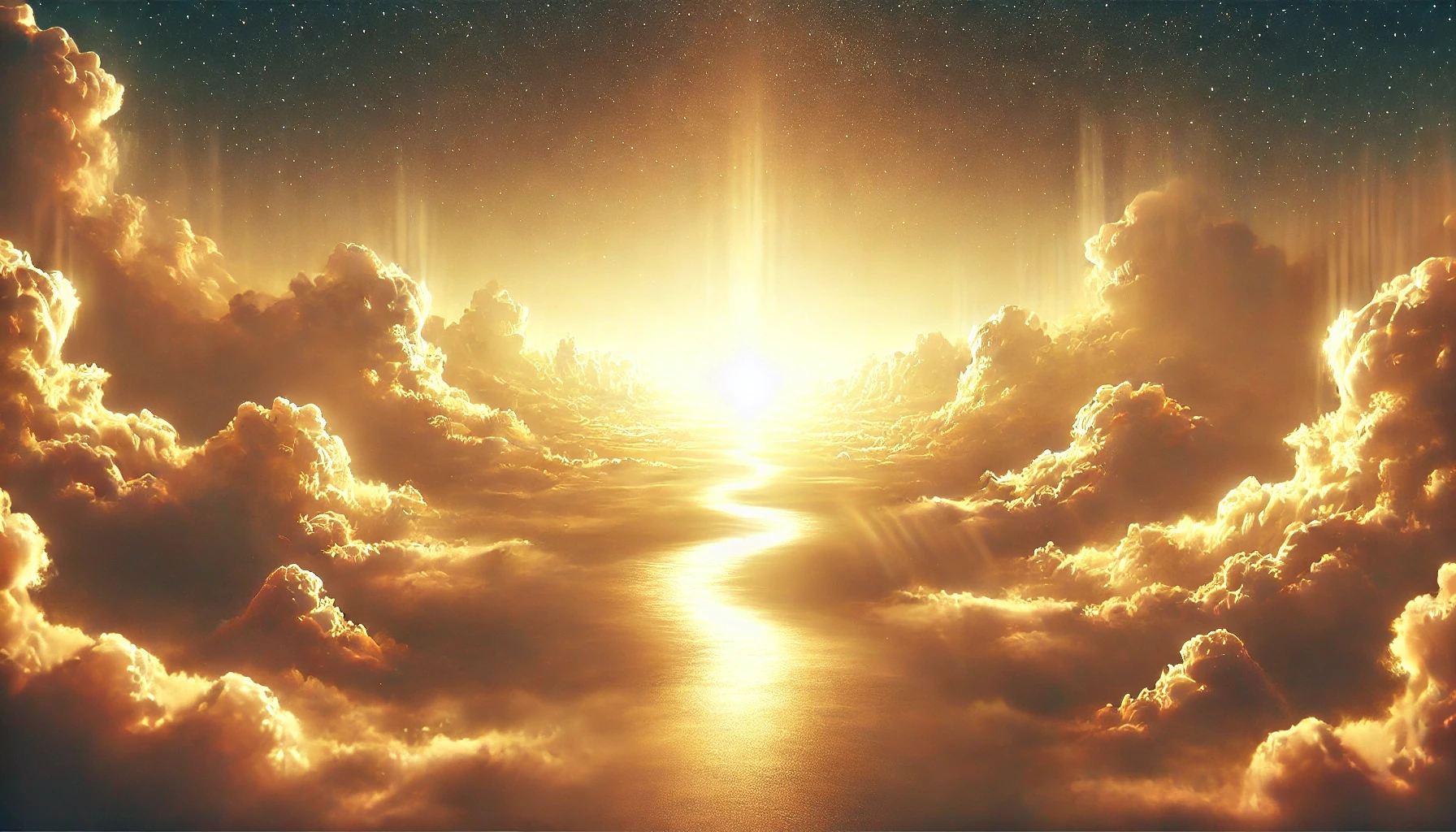 A heavenly landscape, with soft clouds floating above a golden horizon.