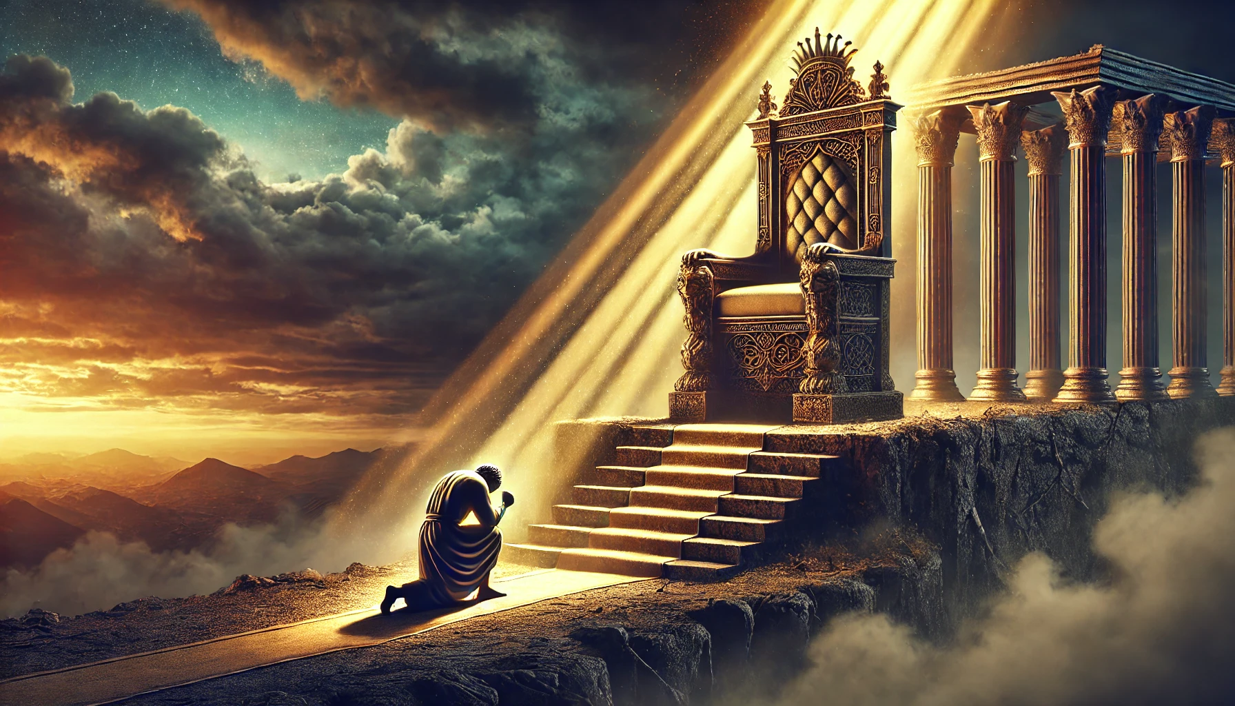 A high, ornate throne on a crumbling platform.