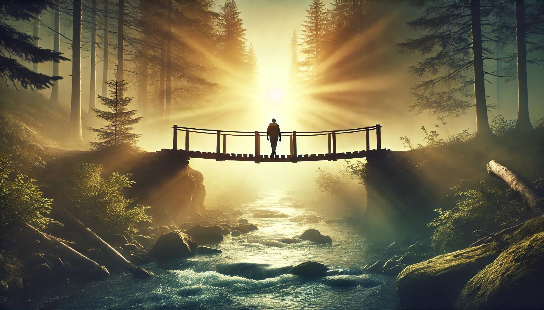 A hiker crossing a wooden bridge over a misty forest river at dawn.