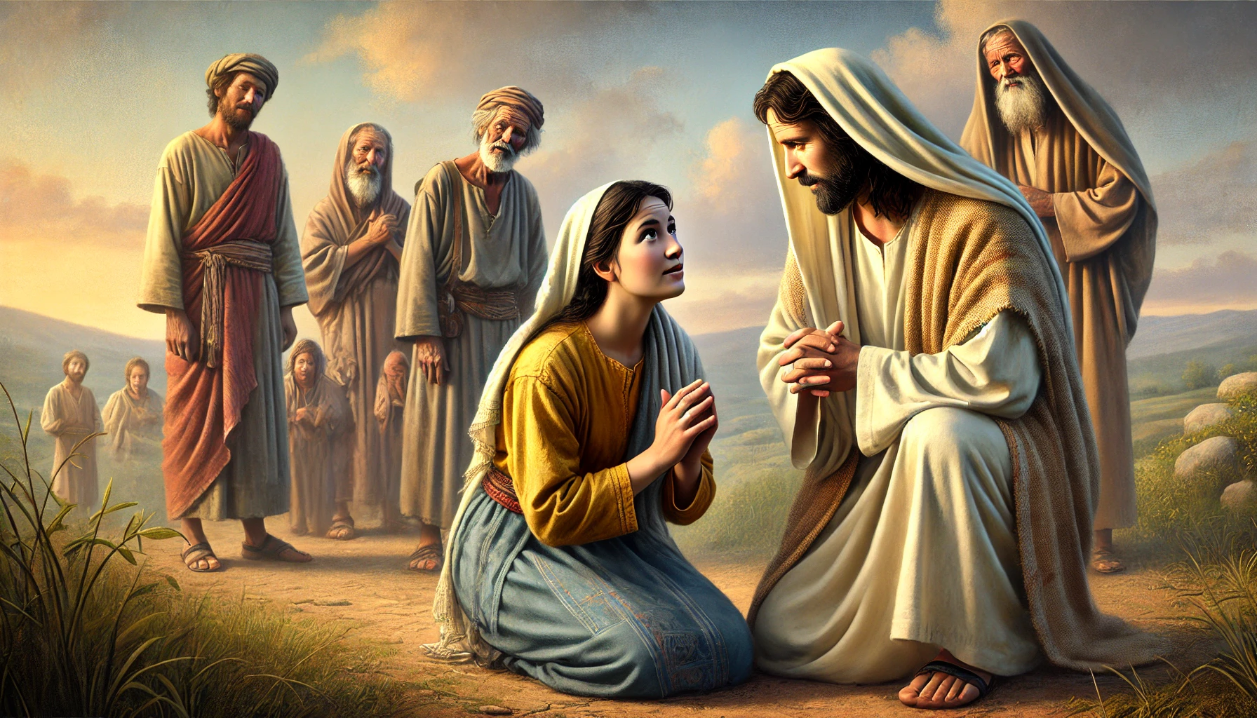 A humble Canaanite woman kneels before Jesus with a determined expression of faith.