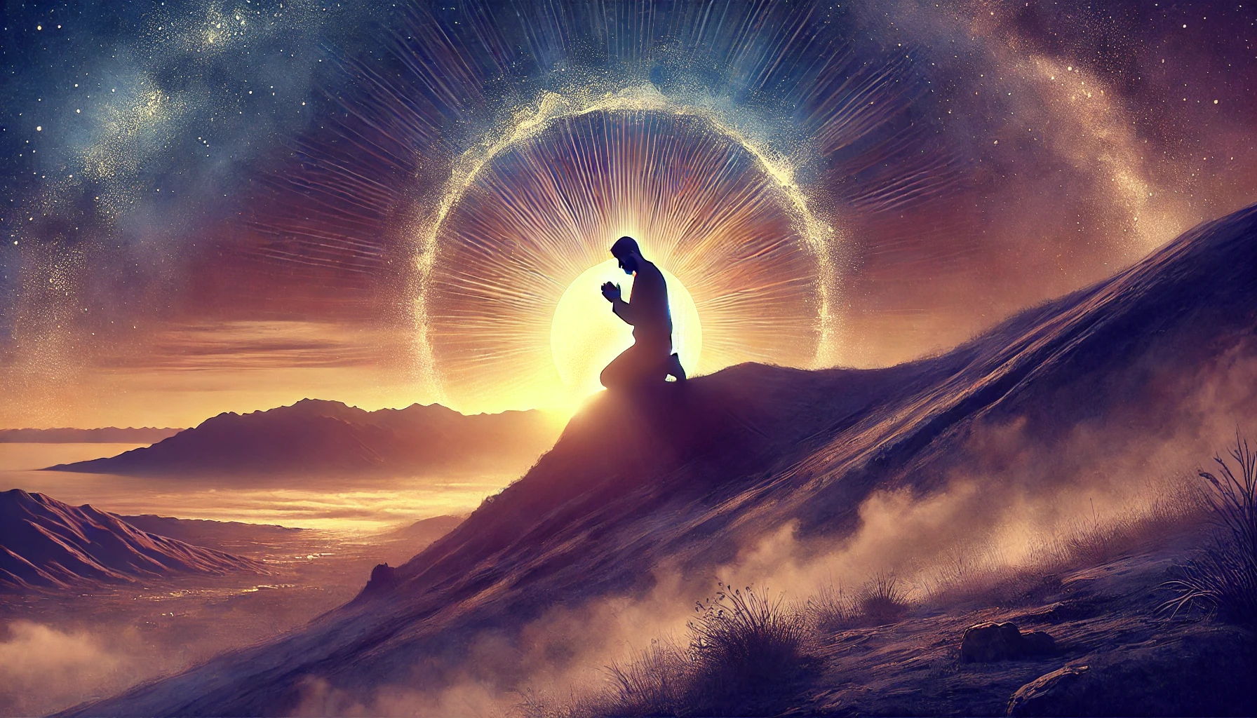 A humble person kneeling in prayer on a hill under a radiant sunrise.