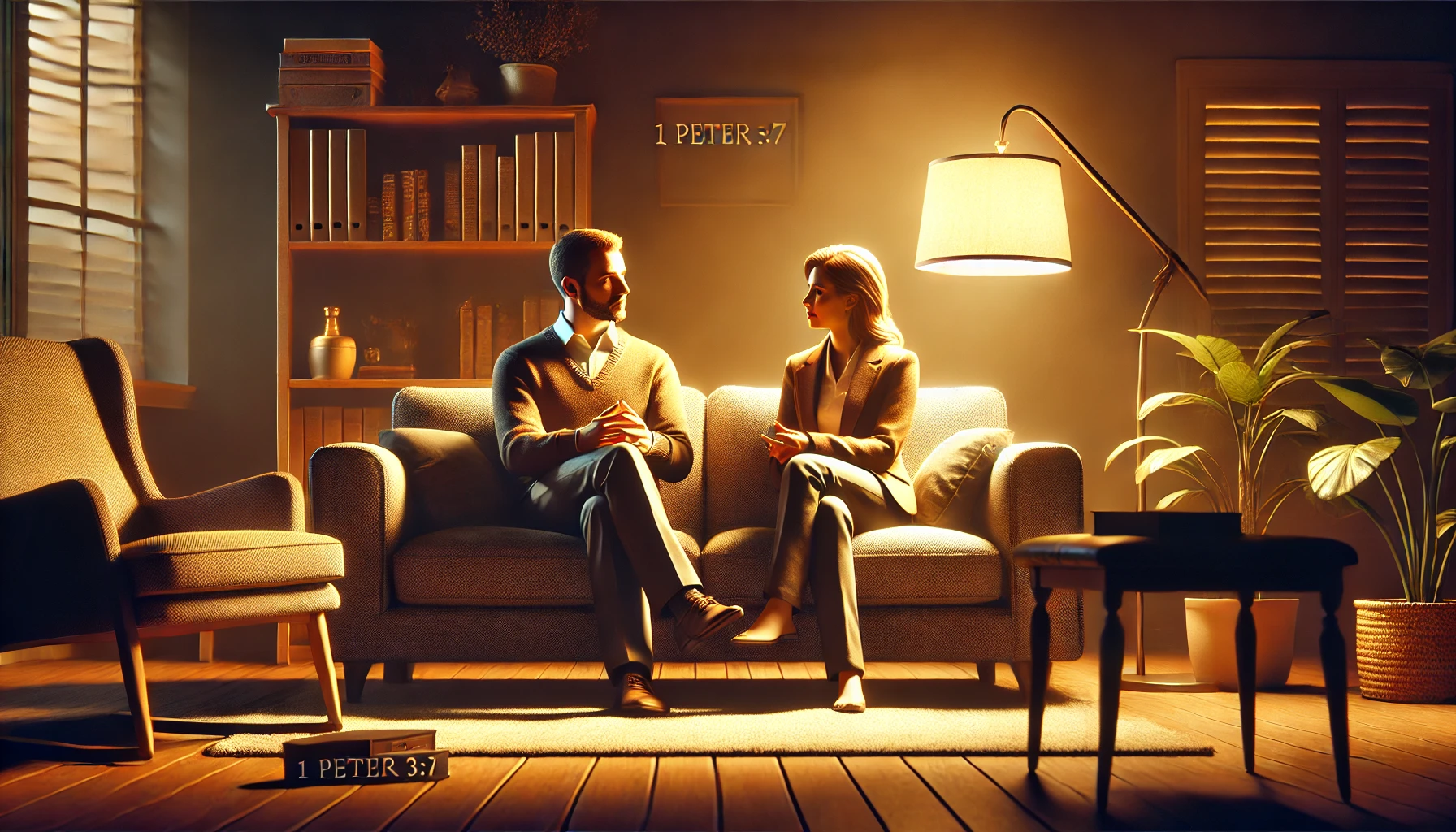 A husband and wife sitting together on a comfortable couch in their living room.