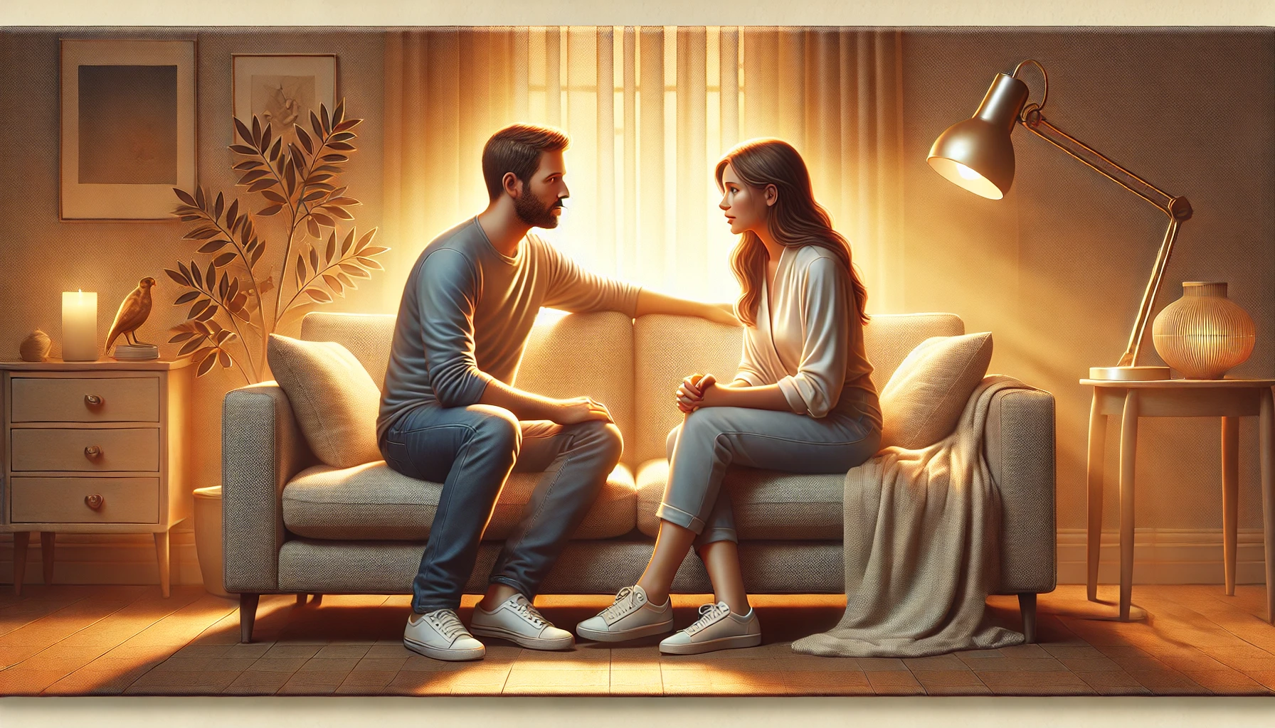 A husband and wife sitting together on a comfortable couch, the husband attentively listening to his wife.