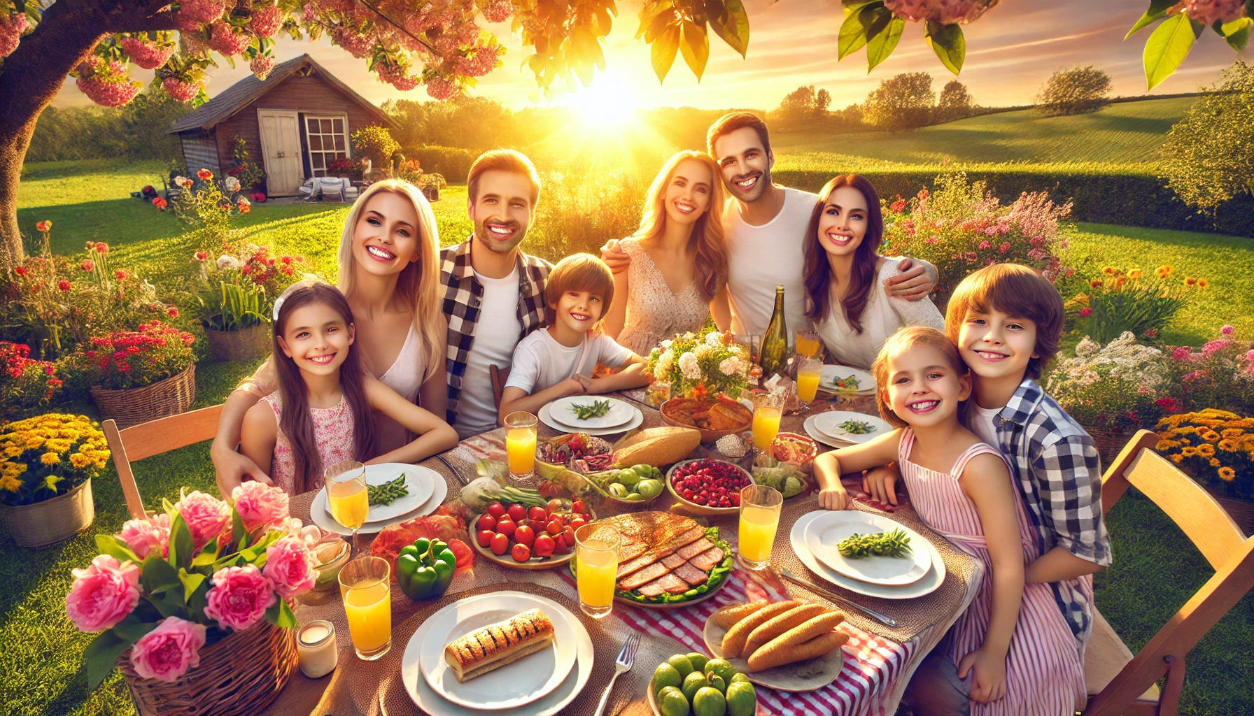A joyful family gathered at a vibrant outdoor feast under the golden light of the late afternoon sun.