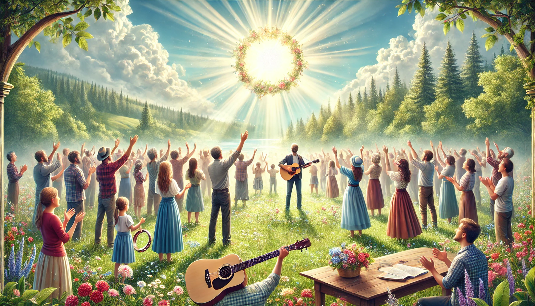 A joyful outdoor worship scene, where people of diverse backgrounds are singing and celebrating under a bright light.