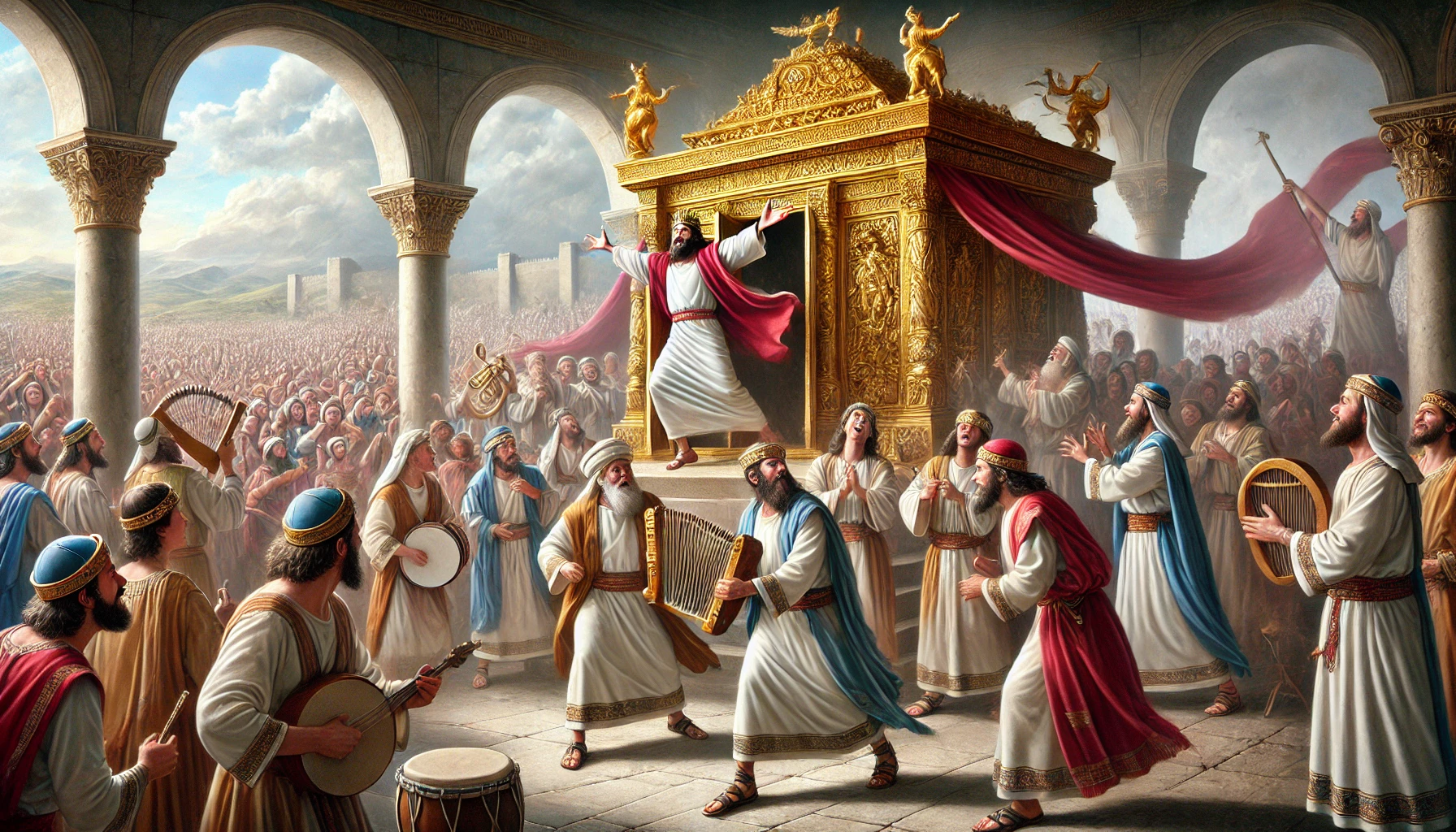 A joyous biblical scene with King David dancing exuberantly in front of the ark of the covenant.