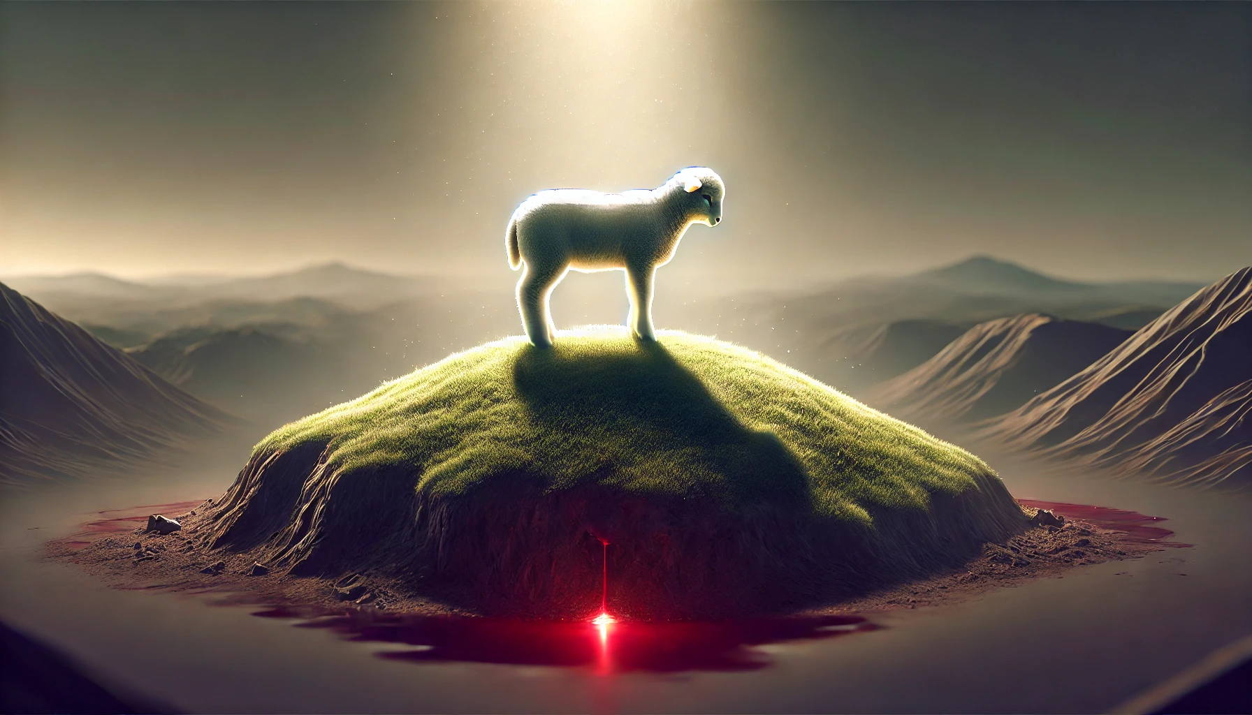A lamb standing on a small, illuminated hilltop.