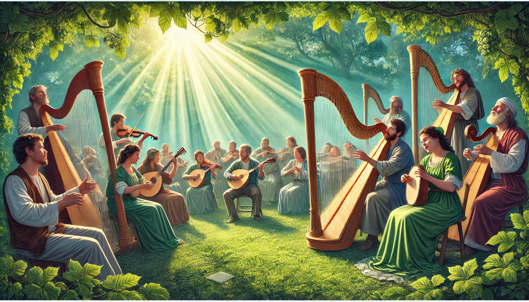 A lively group of musicians playing in a biblical setting.