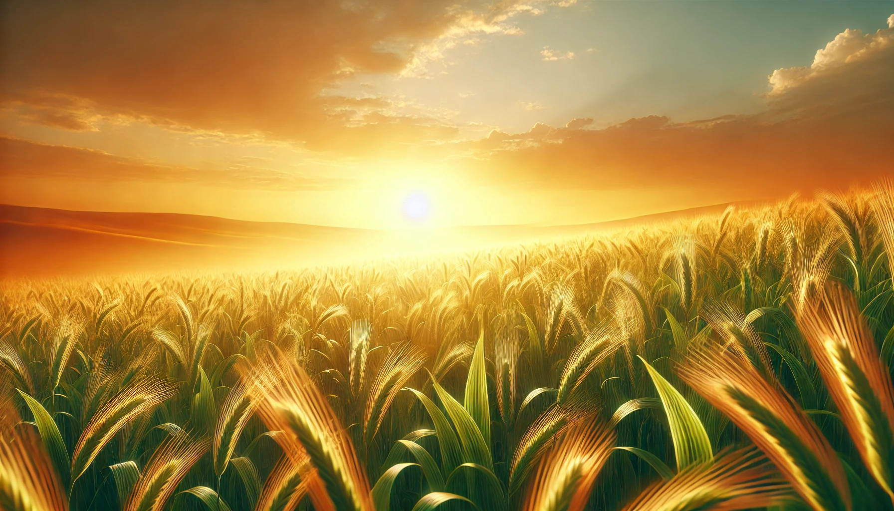 A lush field of grain swaying gently in the breeze under a golden sunset.