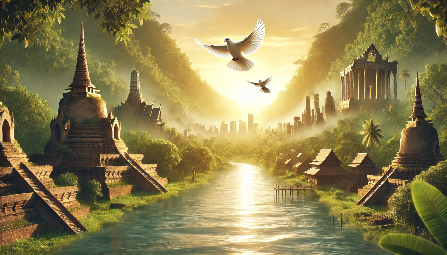 A lush green valley with ancient ruins being rebuilt into vibrant homes and temples.