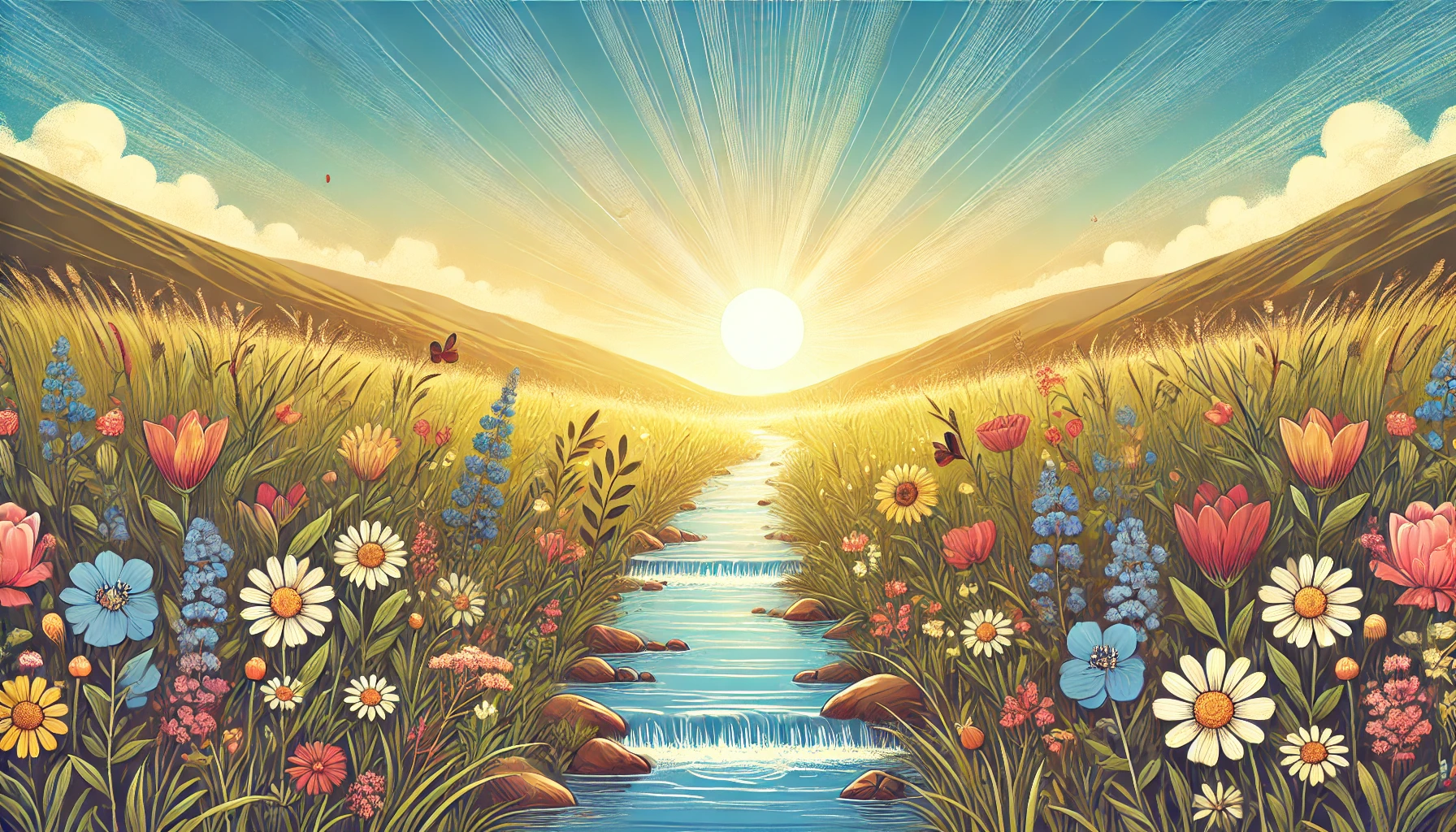 A lush meadow with wildflowers and a gentle stream flowing through.