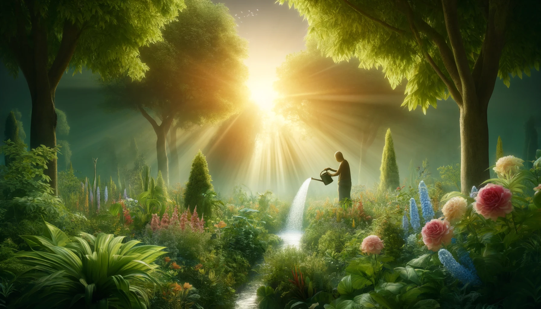 A lush, serene garden with a person watering plants using a watering can.