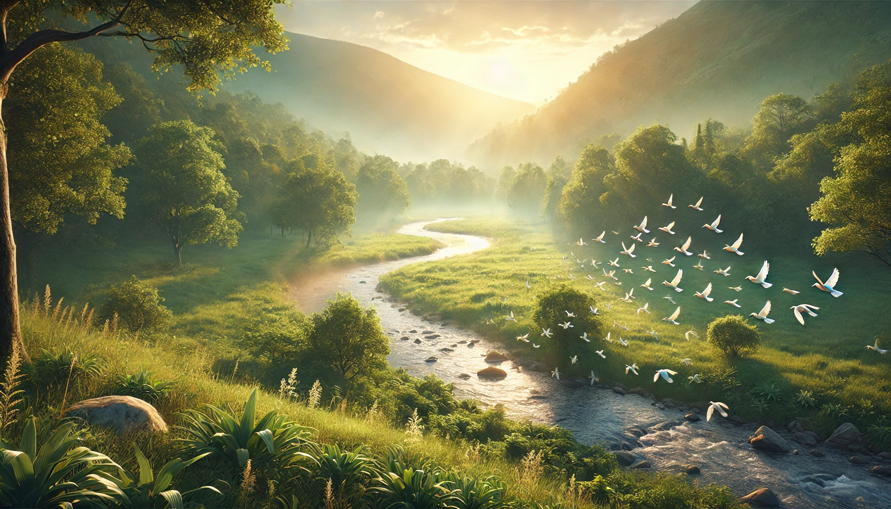 A lush, sunlit meadow surrounded by gentle hills.