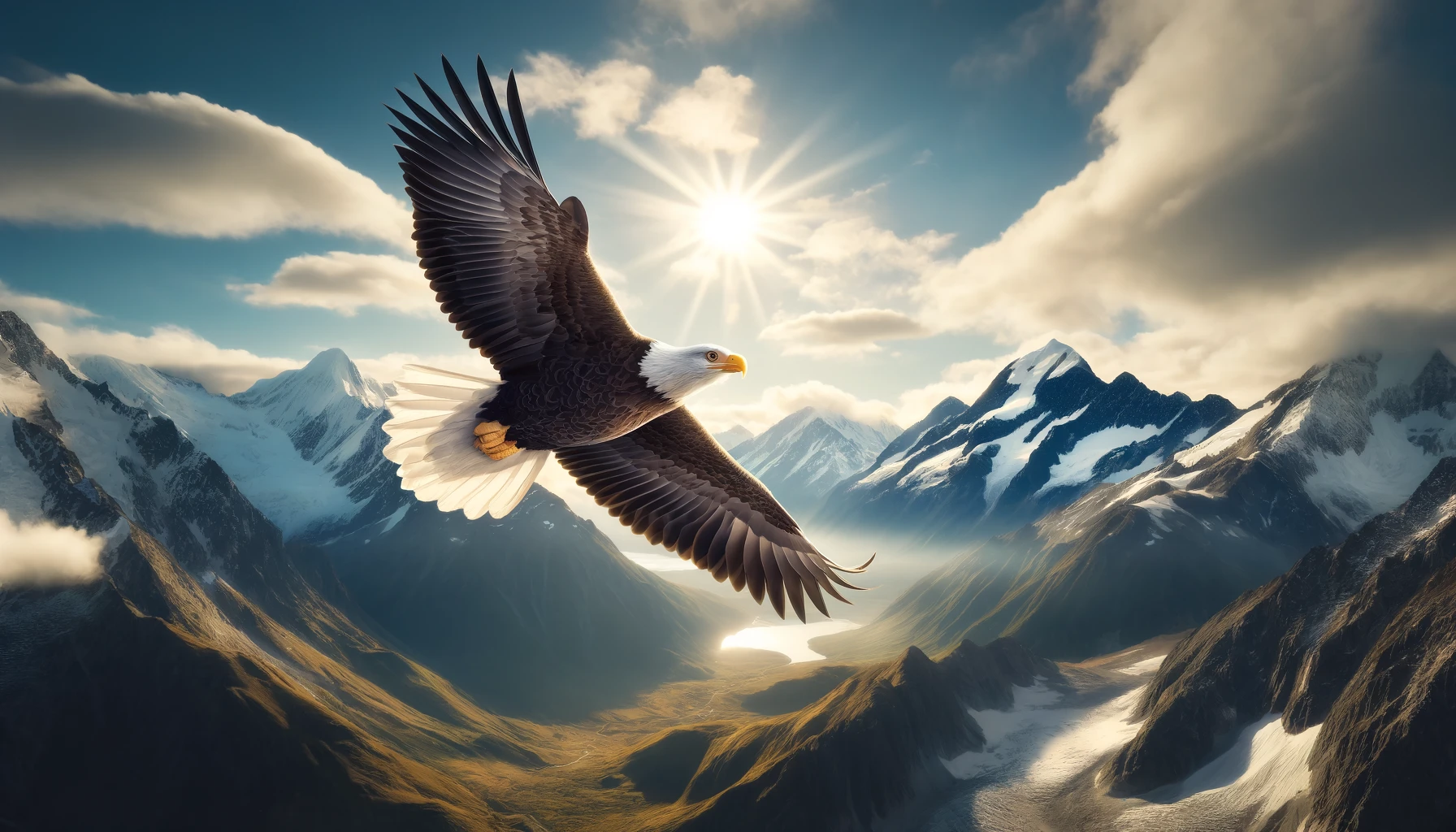 A majestic eagle soaring above a range of snow-capped mountains during a bright, clear day.
