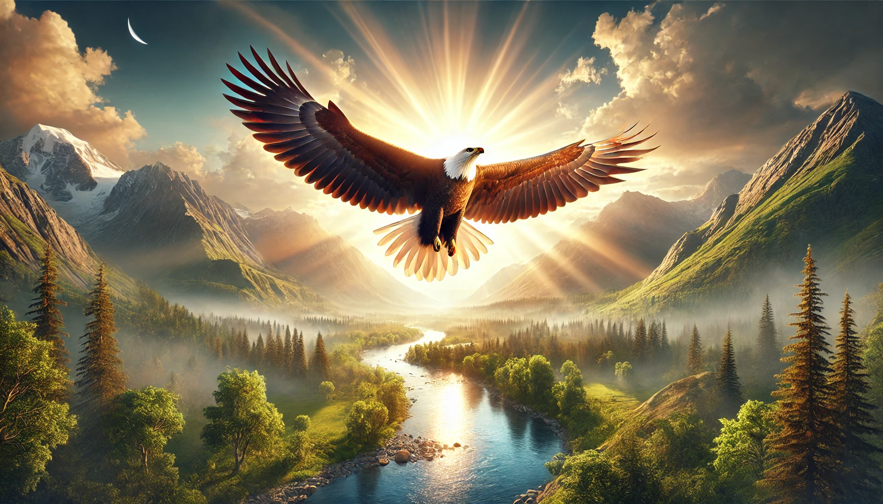 A majestic eagle soaring high above a mountainous landscape, its wings spread wide against a clear, radiant sky.