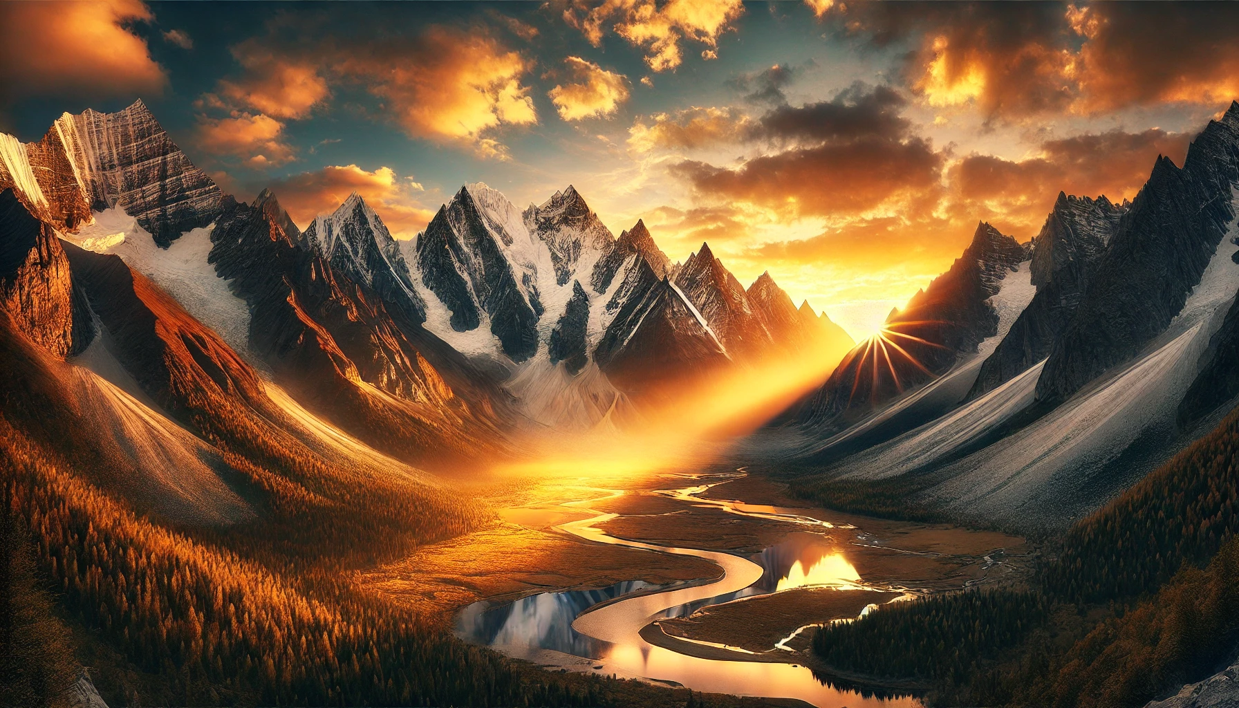 A majestic mountain range at sunrise.