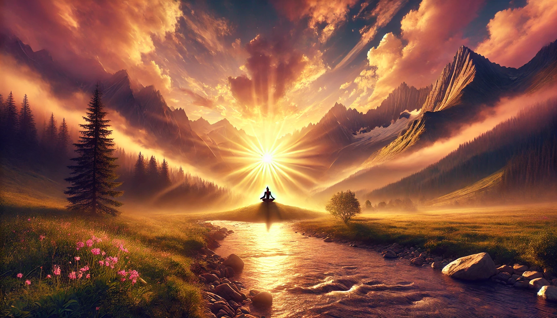 A majestic mountain range during sunrise. The scene is bathed in golden and pink light.