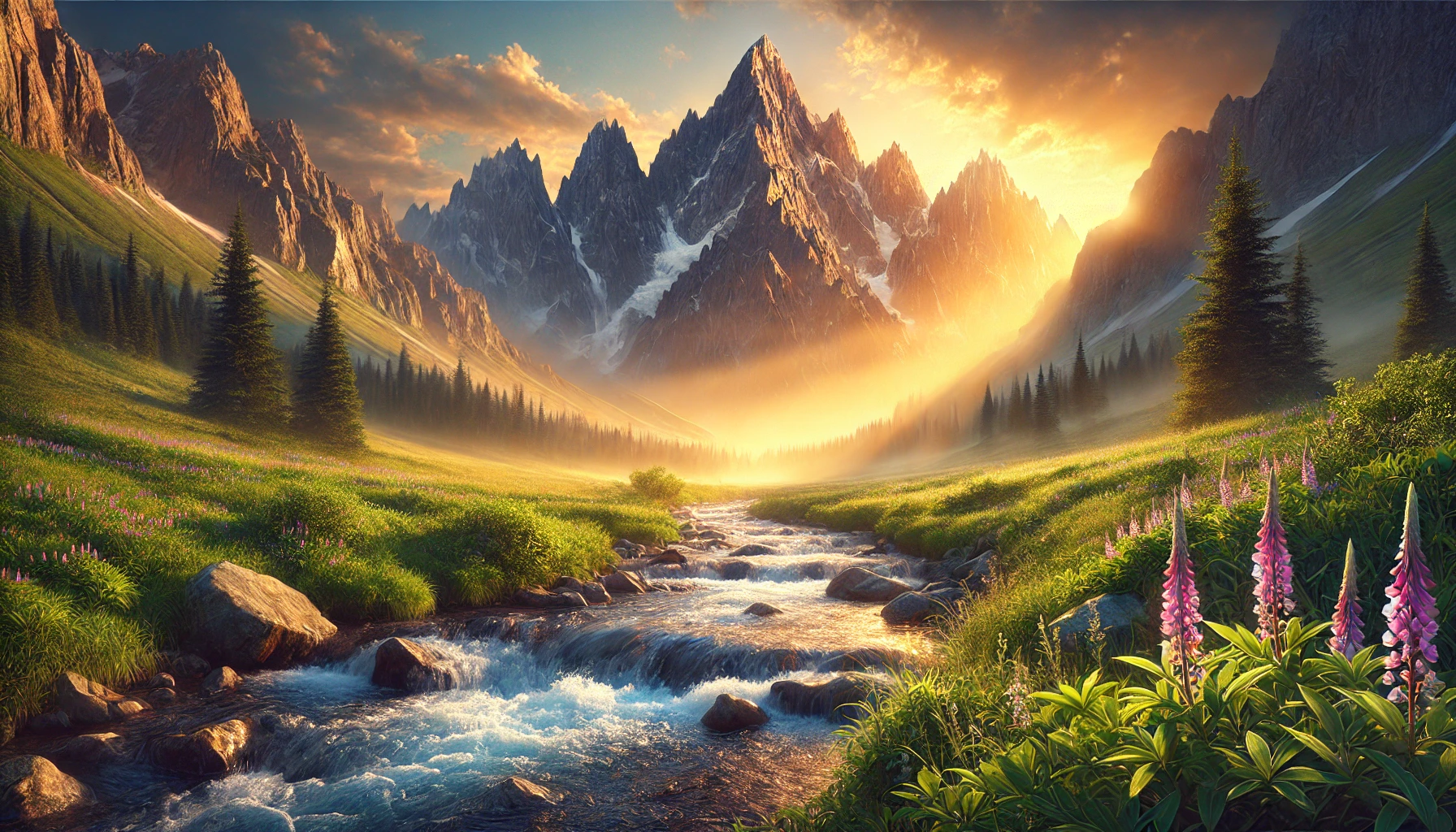 A majestic mountain range illuminated by the golden glow of sunrise.
