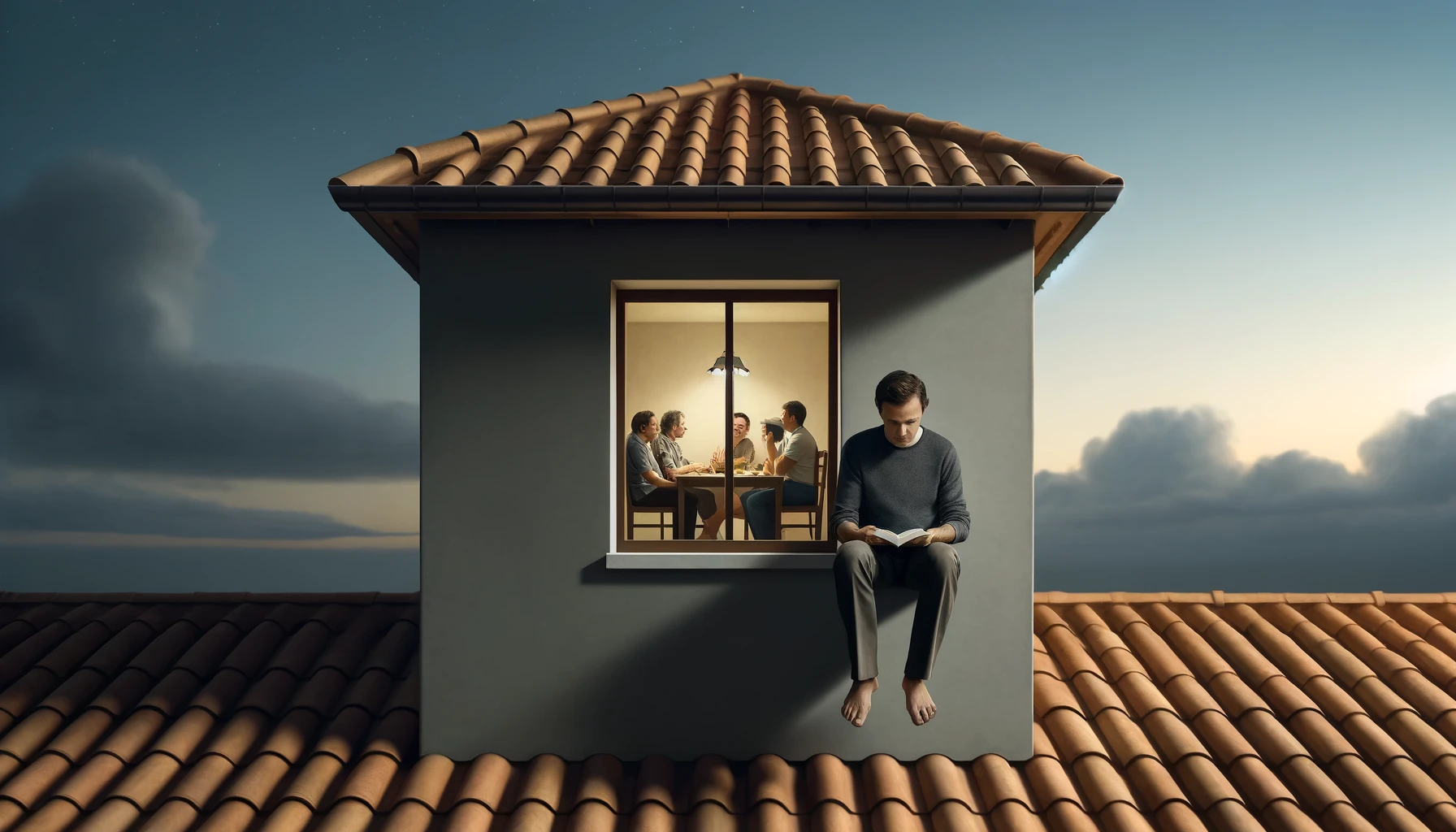 A man sitting on the edge of a simple rooftop under a serene evening sky.
