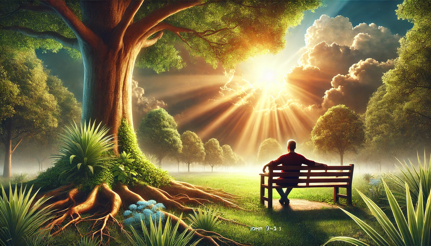 A man sitting peacefully on a bench in a lush park.