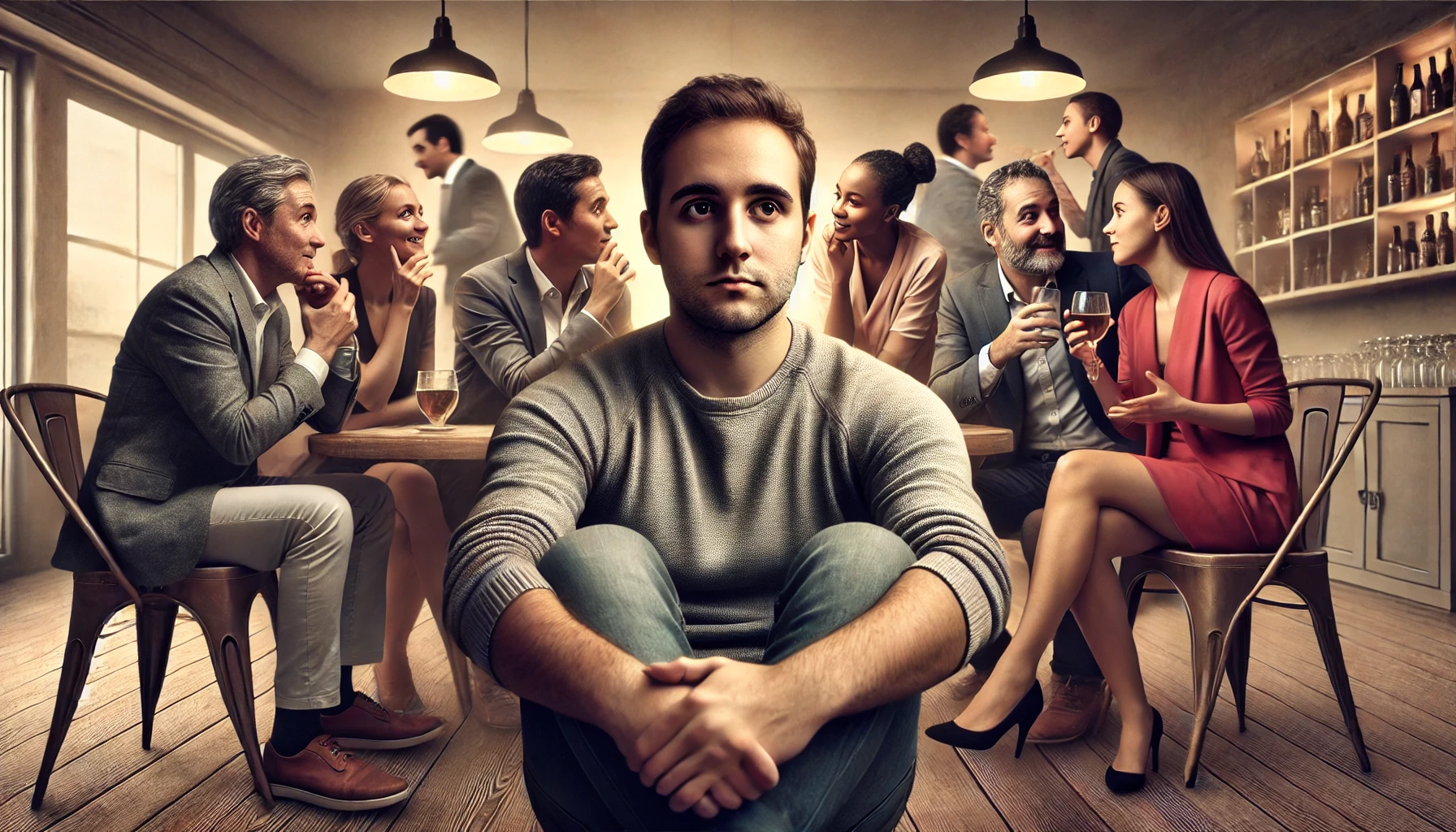 A man sitting quietly in a group of people, with others talking animatedly around him.
