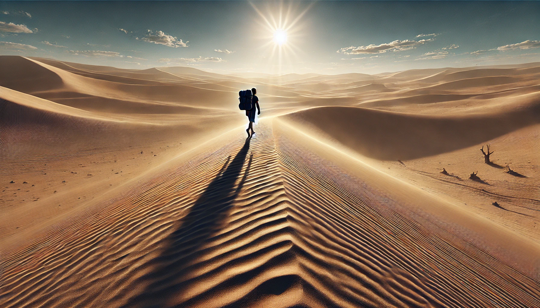 A man walking alone in a vast desert landscape.