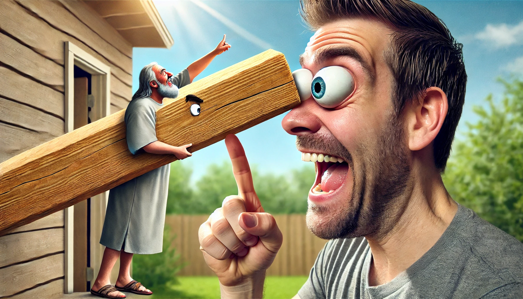 A man with a massive wooden beam hilariously protruding from his eye.