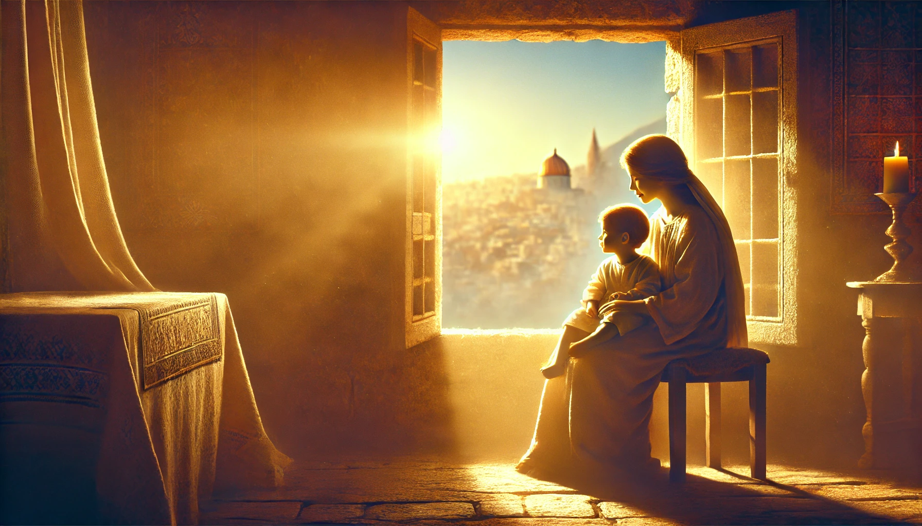 A mother and child seated together in a warm, sunlit room with an open window showing the city of Jerusalum.