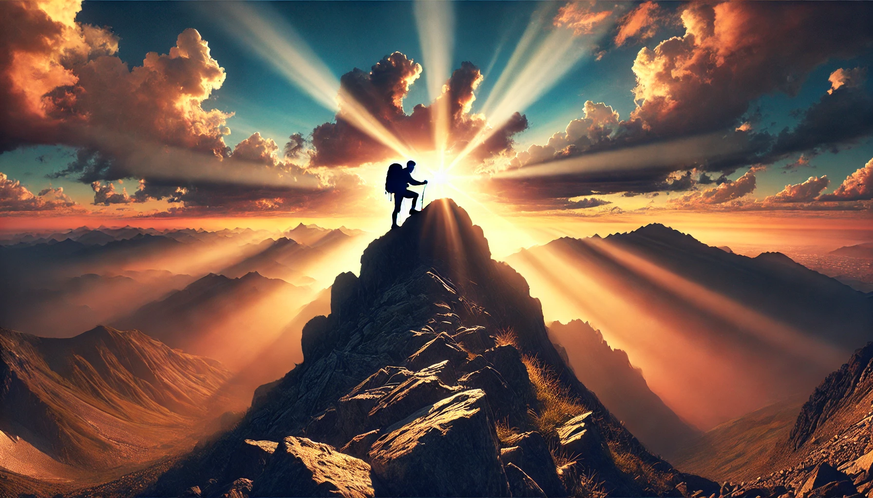 A mountain climber reaching the summit of a high peak at sunrise.