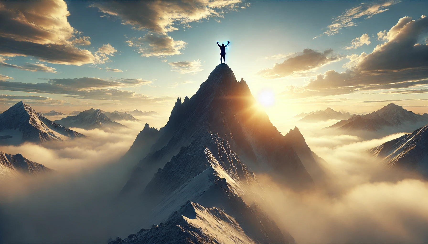 A mountain peak at sunrise, with a lone figure standing triumphantly on the summit.