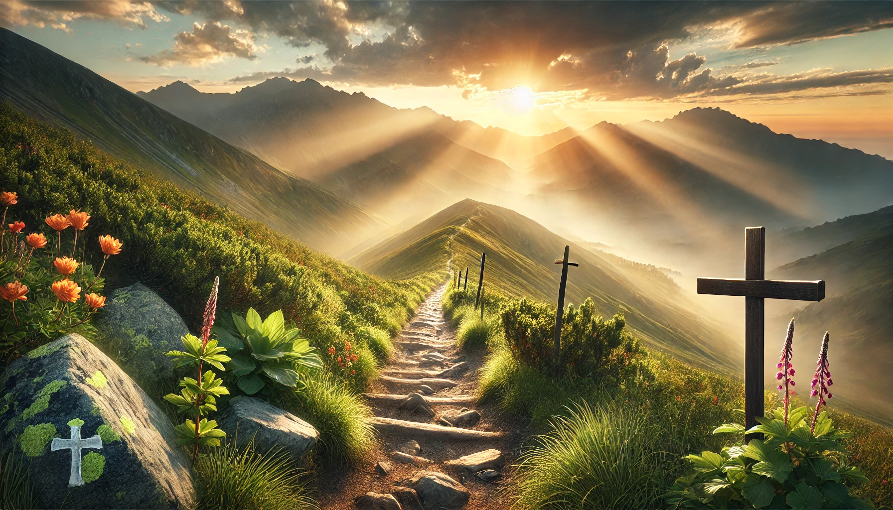 A mountain trail at sunrise, with sunlight breaking through the clouds.