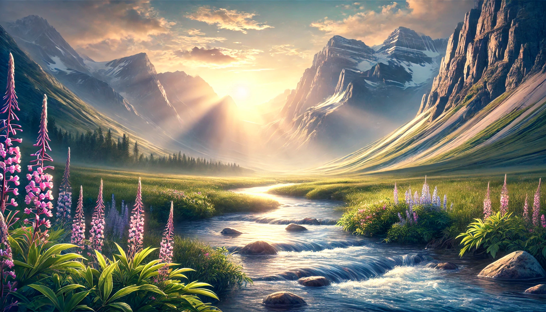 A mountain vista at dawn, a gentle stream flowing between.