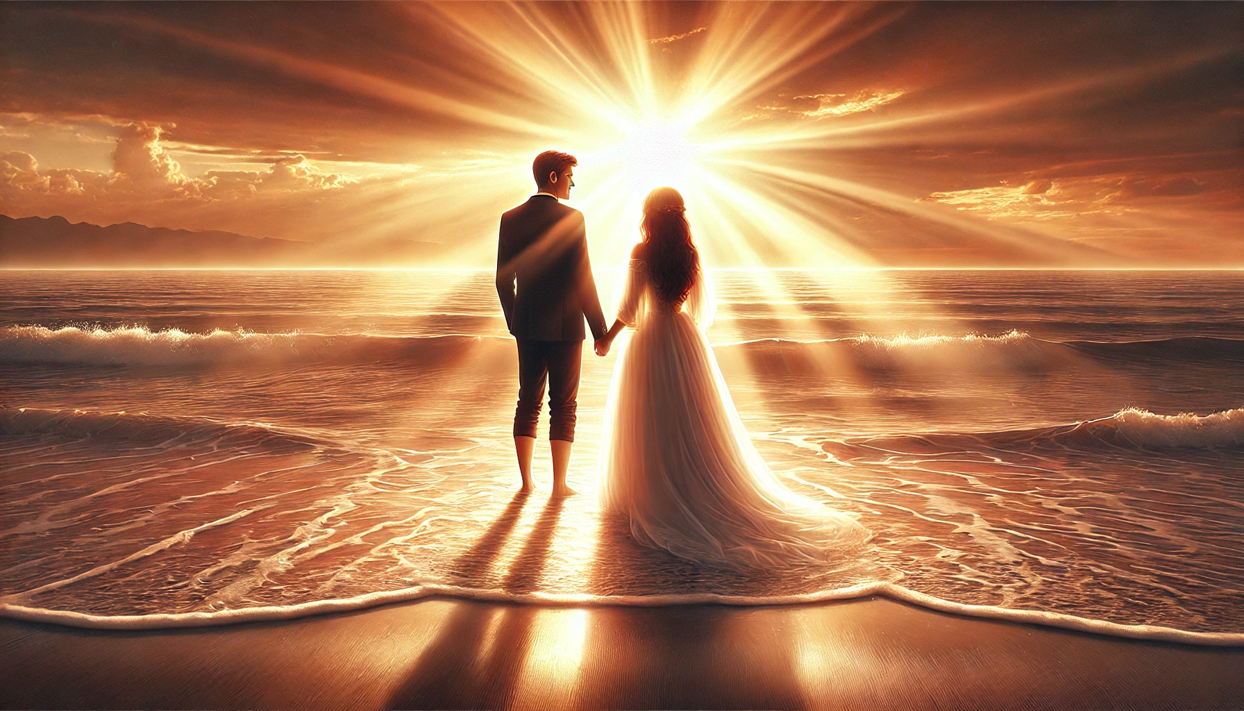 A newlywed couple standing barefoot on a beach at sunset.