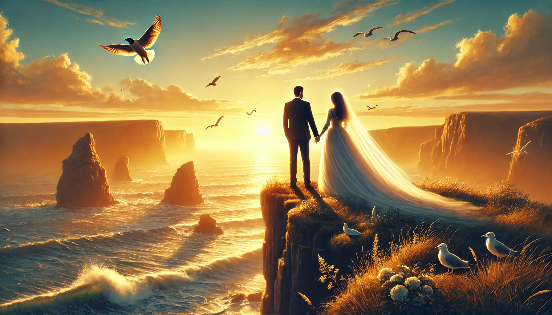A newlywed couple standing on a cliff overlooking the ocean during sunset.