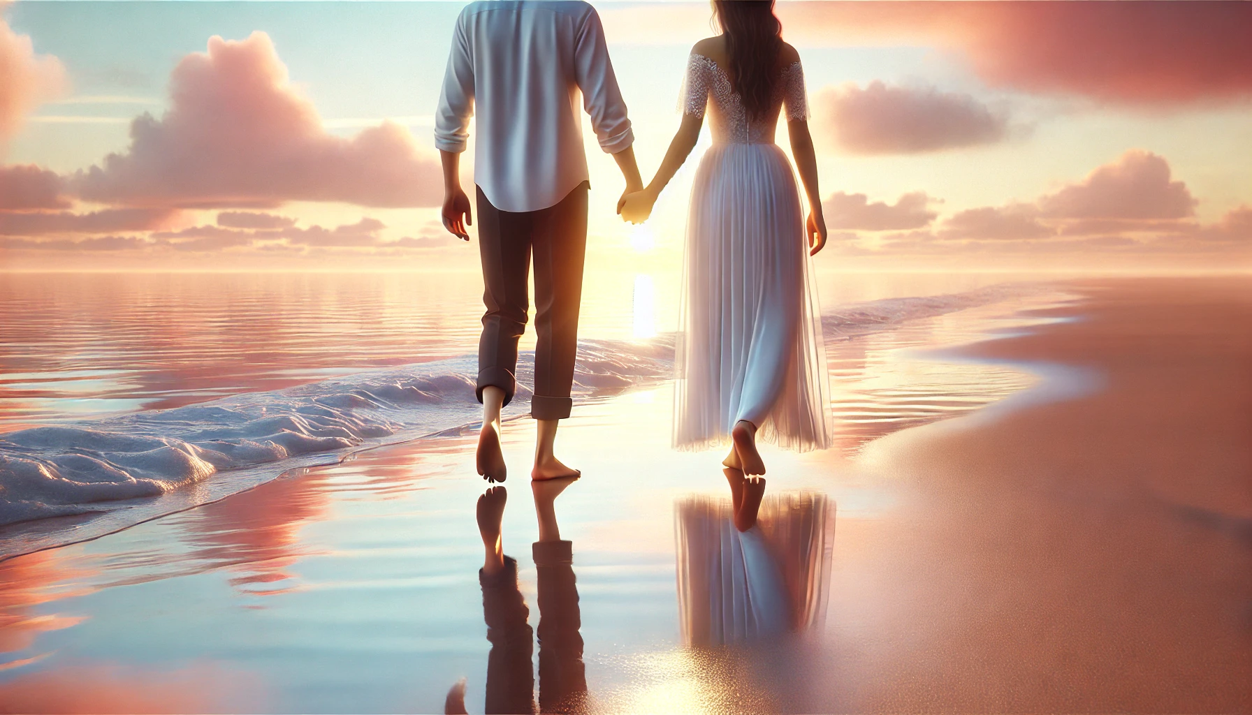 A newlywed couple walking barefoot along a sandy beach at sunrise, holding hands.
